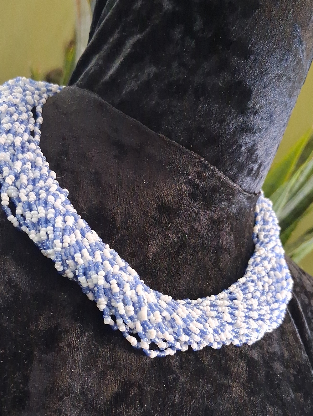 Vintage Blue & White Seed Bead Twisted Necklace